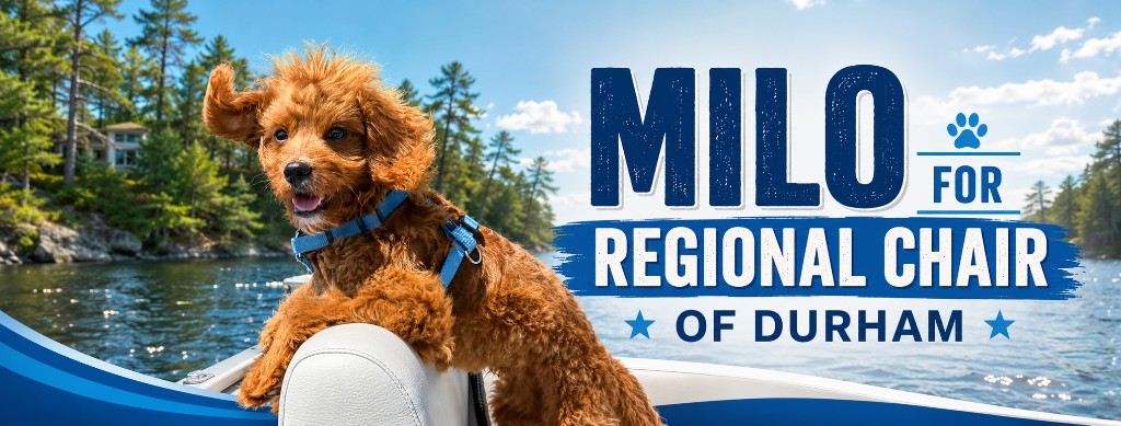 Milo for Regional Chair of Durham campaign banner, showing Milo on a boat on a Durham lake with one ear flipped up