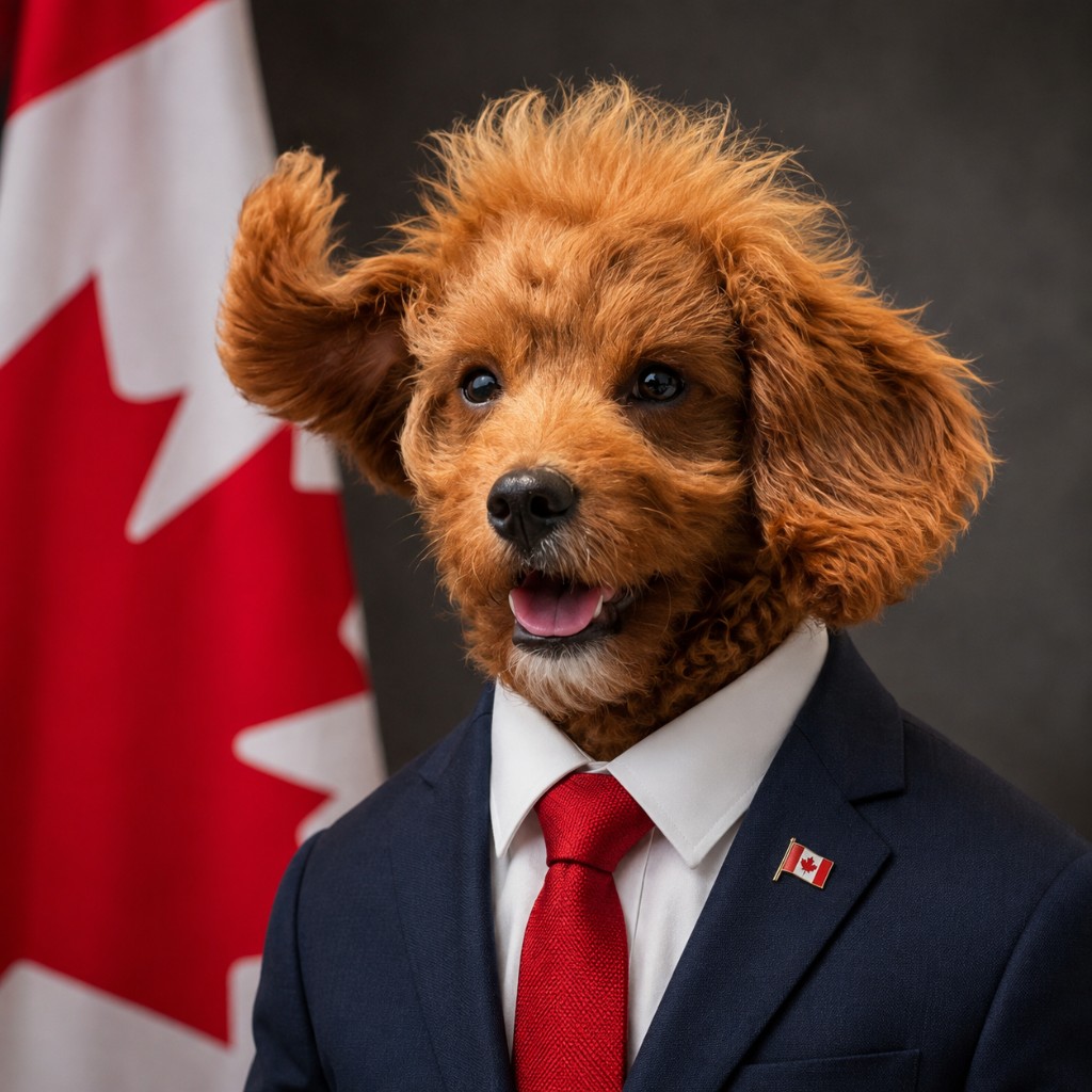 Milo's official portrait in a navy suit and red tie beside a Canadian flag